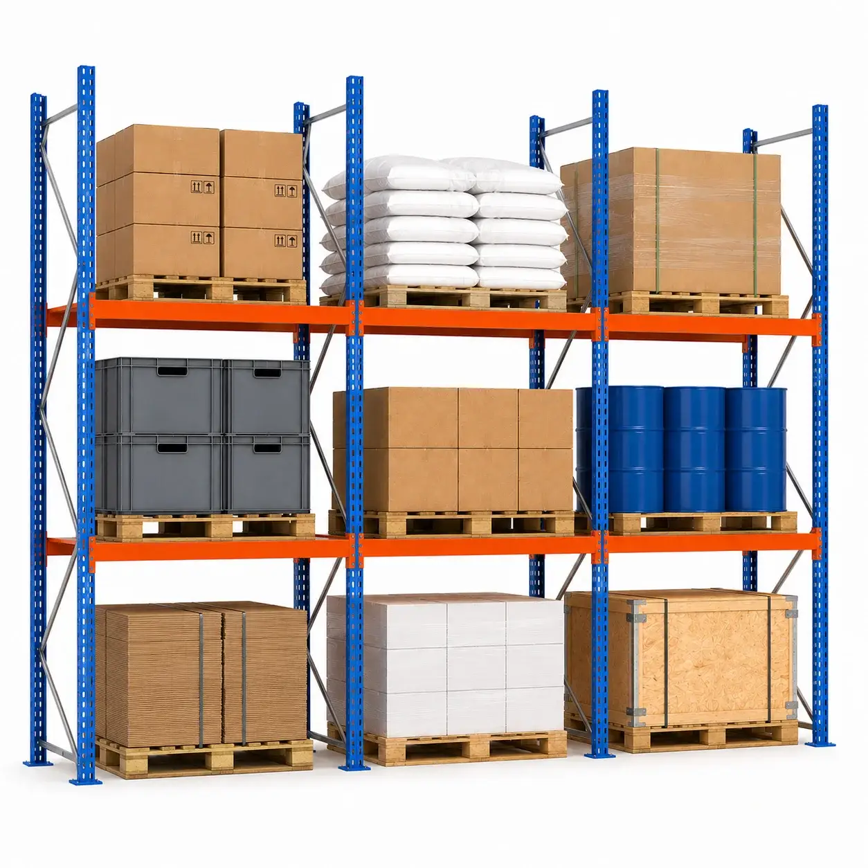 Palettenregal konfigurieren - NEDCON Industrieregal mit blauen Ständerrahmen, orangefarbenen Traversen und Europaletten für Lager und Logistik | bis 4.700 kg je Ebene