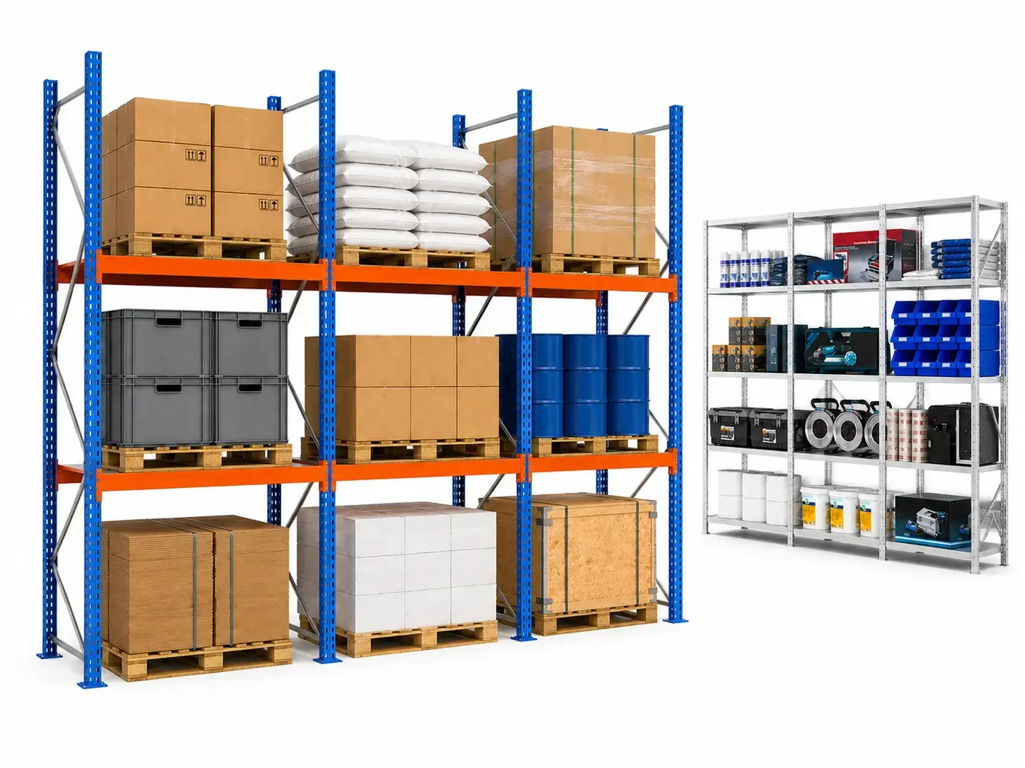 Schwerlastregal konfigurieren - Robuste Industrieregale für schwere Lasten bis 1.000 kg pro Ebene | Palettenregal und Fachbodenregal kombiniert für Produktion und Werkstatt